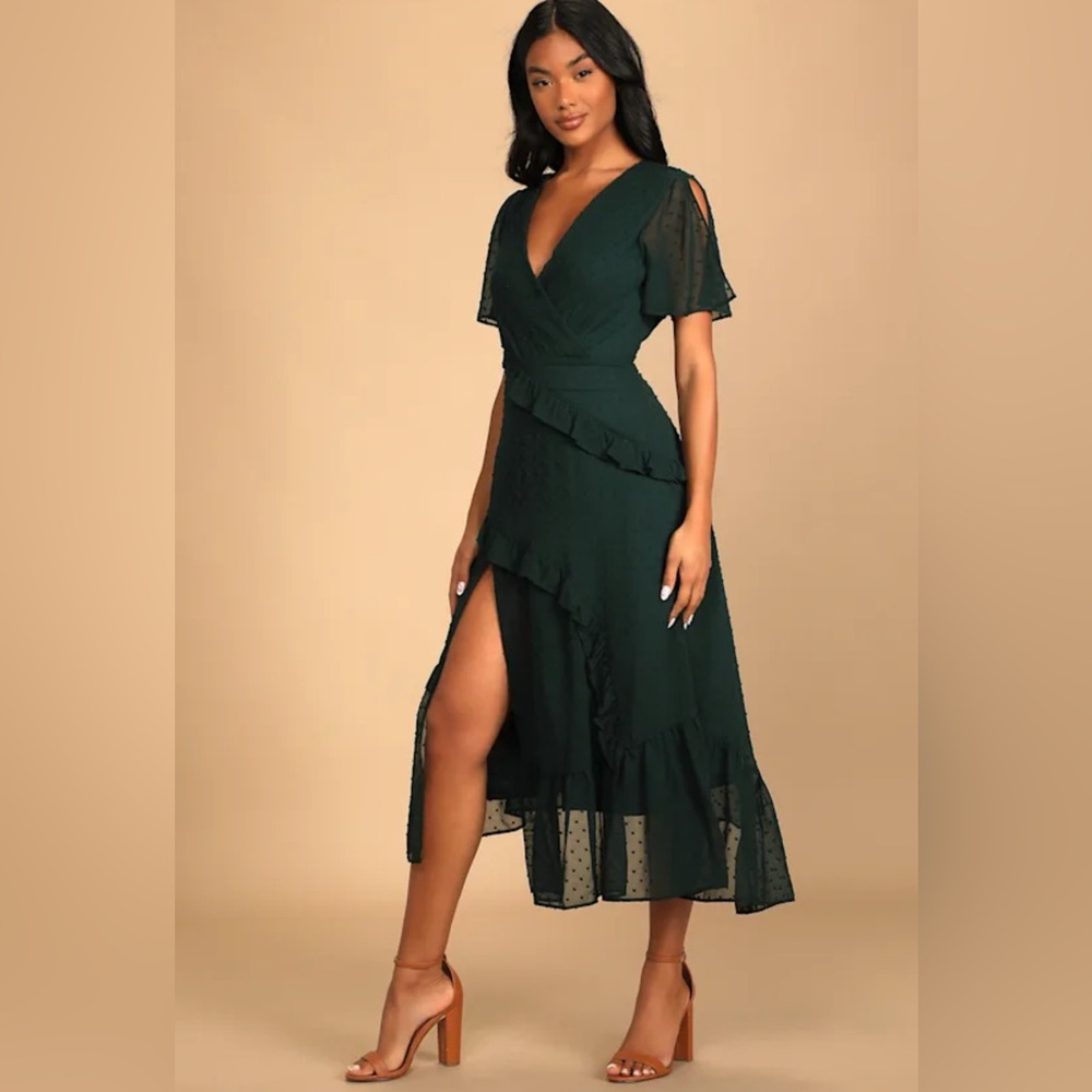 Lulu's Dark Green High Low Wrap Dress - Picture 2 of 9
